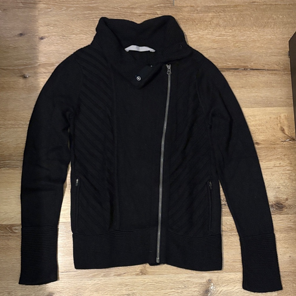 Athleta Mission Moto Wool Blend Sweater Full-Zip Jacket in Black